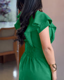 Butterfly Sleeve Hollow out Back Shirred Work Dress Casual Cinched Waist Lace Trim Ruffle Hem Dress