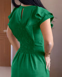 Butterfly Sleeve Hollow out Back Shirred Work Dress Casual Cinched Waist Lace Trim Ruffle Hem Dress