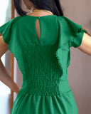 Butterfly Sleeve Hollow out Back Shirred Work Dress Casual Cinched Waist Lace Trim Ruffle Hem Dress