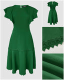 Butterfly Sleeve Hollow out Back Shirred Work Dress Casual Cinched Waist Lace Trim Ruffle Hem Dress