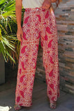 Red Paisley Printed Buttoned High Waist Straight Leg Pants