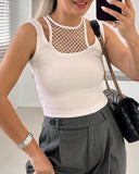 O neck Fishnet Patch Tank Top