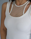 O neck Fishnet Patch Tank Top