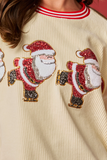 Beige Santa Skiing Graphic Striped Trim Corded Sweatshirt