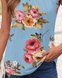 Floral Print Lace Cap Sleeve Ruched Top Casual Round Neck Summer Tank