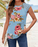 Floral Print Lace Cap Sleeve Ruched Top Casual Round Neck Summer Tank