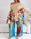 2 Pieces Outfit Abstract Print Cold Shoulder Batwing Sleeve Top and Casual Wide Leg Pants Set