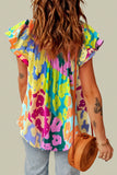 Multicolour Leopard Flutter Sleeve V Neck Crinkled Blouse