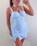 Floral Print Criss Cross V Neck Lace up Mini Dress Casual Shirred Slim Fit Dress