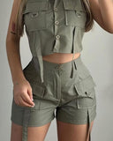 Turn down Collar Buttoned Pocket Design Top & Shorts Set