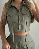 Turn down Collar Buttoned Pocket Design Top & Shorts Set