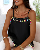 Square Neck Spaghetti Strap Colorful Tassel Decor Tank Casual Loose Fit Top