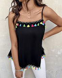 Square Neck Spaghetti Strap Colorful Tassel Decor Tank Casual Loose Fit Top