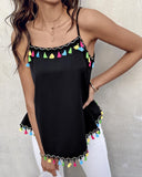 Square Neck Spaghetti Strap Colorful Tassel Decor Tank Casual Loose Fit Top