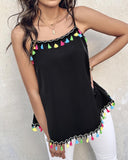 Square Neck Spaghetti Strap Colorful Tassel Decor Tank Casual Loose Fit Top