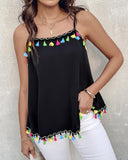 Square Neck Spaghetti Strap Colorful Tassel Decor Tank Casual Loose Fit Top