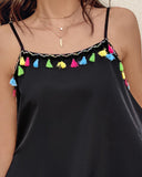 Square Neck Spaghetti Strap Colorful Tassel Decor Tank Casual Loose Fit Top