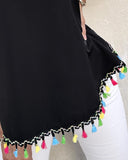 Square Neck Spaghetti Strap Colorful Tassel Decor Tank Casual Loose Fit Top