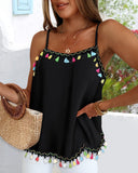 Square Neck Spaghetti Strap Colorful Tassel Decor Tank Casual Loose Fit Top