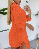 Large Swiss Dot Stand Collar Long Sleeve Chiffon Shirt Dress Casual Button Design Mini Dress