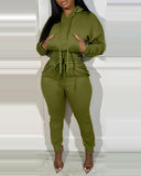 Shirred Pocket Design Crop Hoodie & High Waist Cuffed Sweatpants Set