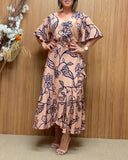 Floral Print V Neck Short Sleeve Backless Tied Detail Top and Wrapped Skirt Sets