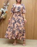 Floral Print V Neck Short Sleeve Backless Tied Detail Top and Wrapped Skirt Sets