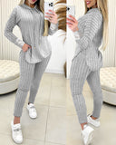 Lace Patch Ribbed Hooded Top & Pocket Design Pants Set