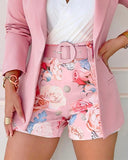 2 Pieces Outfits Notched Collar Long Sleeve Blazer & Floral Print Shorts Set With Belt