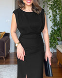Round Neck Sleeveless Waist Ruched Slit Dress