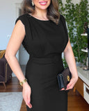 Round Neck Sleeveless Waist Ruched Slit Dress