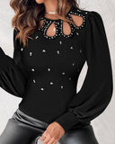 Rhinestone Hollow out Round Neck Slim Fit Long Sleeve Ruched Tee Casual Top