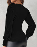 Rhinestone Hollow out Round Neck Slim Fit Long Sleeve Ruched Tee Casual Top