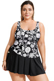 Black Plus Size Printed Square Neck Drawstring Ruffled Tankini Set