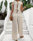 2 Pieces Outfit Back Lace Up Shell Trim Sleeveless Tank and Casual Pocket Design Pants Set