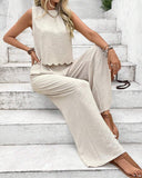 2 Pieces Outfit Back Lace Up Shell Trim Sleeveless Tank and Casual Pocket Design Pants Set