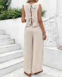 2 Pieces Outfit Back Lace Up Shell Trim Sleeveless Tank and Casual Pocket Design Pants Set