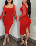 Long Sleeve Low Cut Slit Bodycon Lace Dress