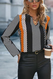 Orange Geo Print Colorblock Notched V Neck Blouse