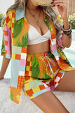 Red Vacation Printed Loose Shirt and Drawstring Shorts Set