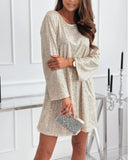 Round Neck Long Sleeve Sequin Mini Dress Back Tied Detail Casual Party Dress