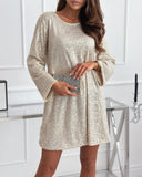 Round Neck Long Sleeve Sequin Mini Dress Back Tied Detail Casual Party Dress