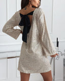 Round Neck Long Sleeve Sequin Mini Dress Back Tied Detail Casual Party Dress