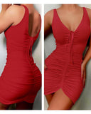 V Neck Sleeveless Bodycon Dress Ruched Drawstring Mini Dress