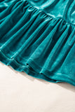 Sea Green Velvet V Neck Peplum Hem Puff Sleeve Blouse