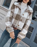 Plaid Pattern Turn down Collar Button Front Teddy Coat