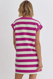 Rose Stripe Cap Sleeve Pocketed Shift T-shirt Dress