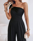 Cold Shoulder Ruched Buckle Wide Leg Jumpsuit