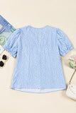 Sky Blue Floral Embroidered Puff Sleeve Notched V Neck Blouse