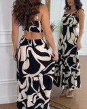 Abstract Print Spaghetti Strap Maxi Dress Casual Hollow Out Ruffles Hem Dress
